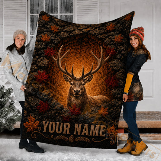 Maxcorners Hunting Elk In Cave Red Maple Leaves Brown Custom Name 3D Blanket