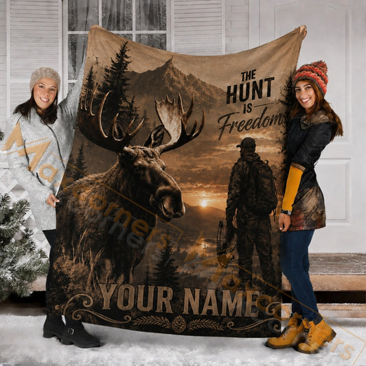 Maxcorners Hunting Wild Moose Hunter "The HUNT IS Freedom" Brown Custom Name 3D Blanket