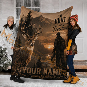 Maxcorners Hunting Wild Deer Hunter "The HUNT IS Freedom" Brown Custom Name 3D Blanket