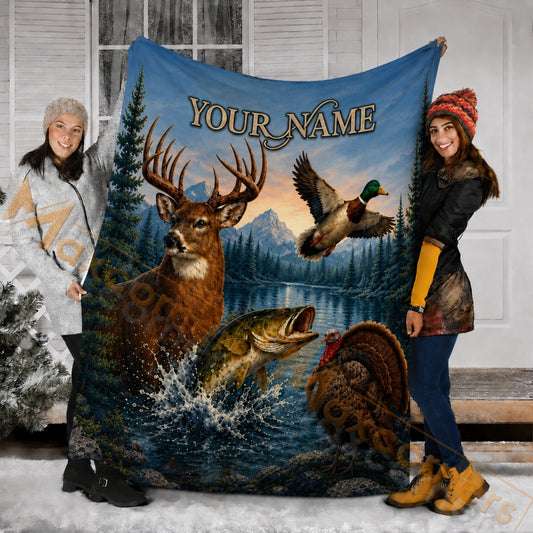 Maxcorners Hunting WildLife Lake Sunset Blue Mountain Custom Name 3D Blanket