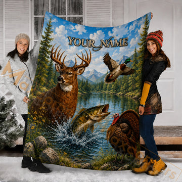 Maxcorners Hunting WildLife Mountain River Blue Sky Custom Name 3D Blanket