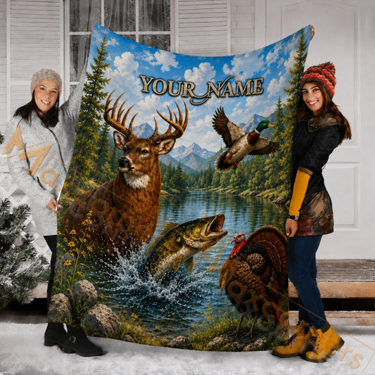 Maxcorners Hunting WildLife Mountain River Blue Sky Custom Name 3D Blanket
