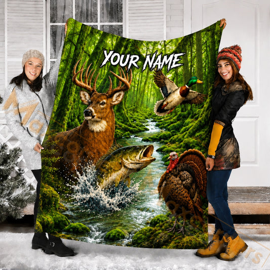 Maxcorners Hunting WildLife Mossy Green Forest Custom Name 3D Blanket