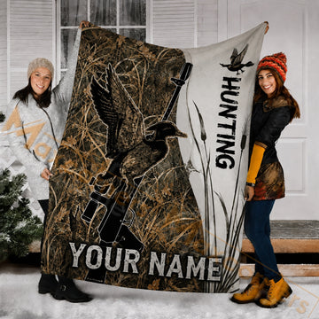 Maxcorners Hunting Flying Mallard Duck Camouflage Shotgun Reeds Custom Name 3D Blanket