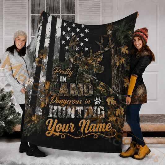 Maxcorners Hunting Pretty In Camo Dangerous In Hunting Buck Flag Custom Name 3D Blanket