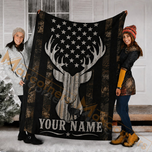 Maxcorners Hunting American Flag Deer Silhouette Dark Camo Custom Name 3D Blanket