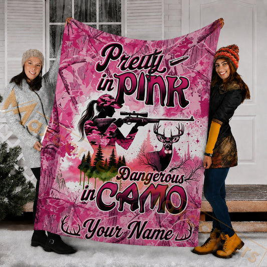 Maxcorners Hunting Pretty In Pink Dangerous In Camo Custom Name 3D Blanket