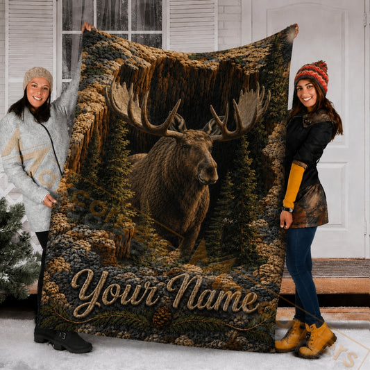 Maxcorners Hunting Majestic Moose Canyon Rocky Forest Pine Needle Custom Name 3D Blanket