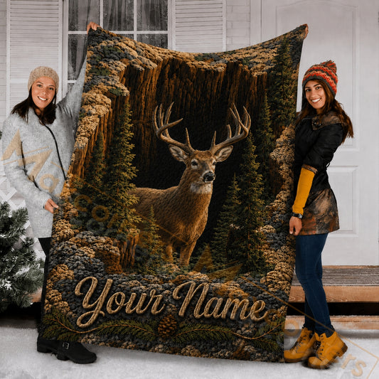 Maxcorners Hunting Majestic Deer Canyon Rocky Forest Pine Needle Custom Name 3D Blanket