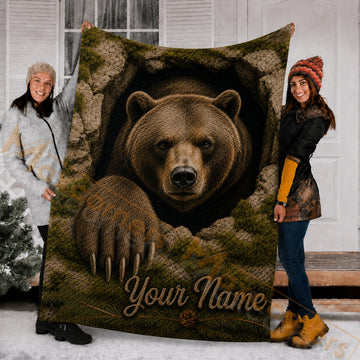 Maxcorners Hunting Wild Bear Head Textured Snake Scales Forest Pinecone Custom Name 3D Blanket