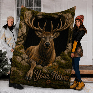 Maxcorners Hunting Wild Elk Head Textured Snake Scales Forest Pinecone Custom Name 3D Blanket