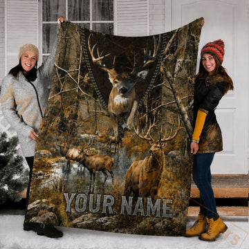 Maxcorners Hunting Buck Jumping Zipper Camo Deer Elk Forest Custom Name 3D Blanket