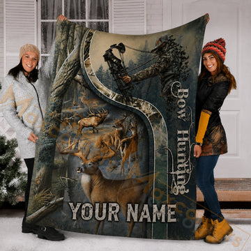 Maxcorners Hunting Bowhunter Compound Bow Deer Herd Woodland Camo Custom Name 3D Blanket