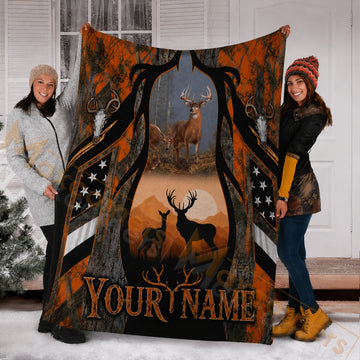 Maxcorners Hunting Orange Camo Deer Buck American Flag Skull Custom Name 3D Blanket