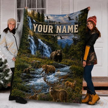 Maxcorners Hunting Waterfall Wildlife Grizzly Bear Deer Forest Mountain Custom Name 3D Blanket
