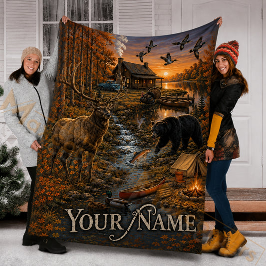 Maxcorners Hunting Cabin Wildlife Deer Bear Sunset Lake Landscape Custom Name 3D Blanket
