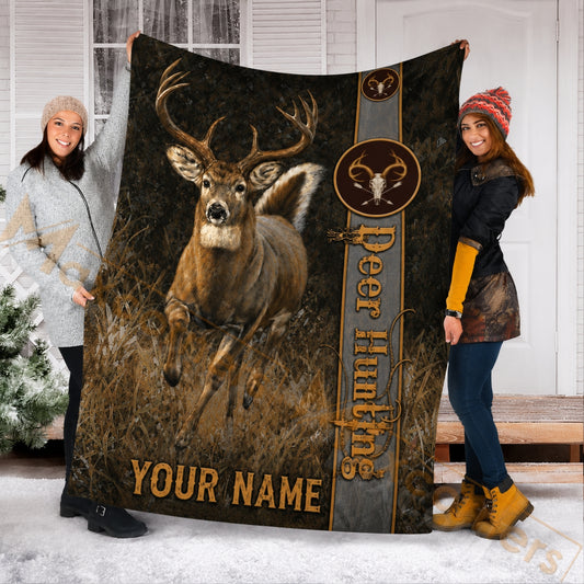 Maxcorners Hunting Wild Deer Dark Brown Grassland Custom Name 3D Blanket