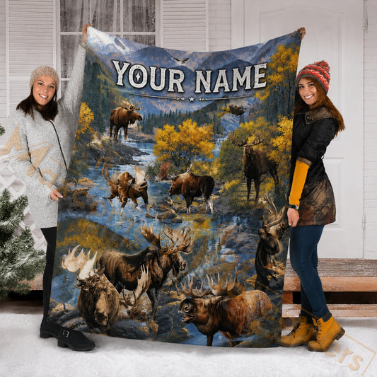Maxcorners Hunting Bull Moose Wildlife Yellow Fall Nature Landscape Custom Name 3D Blanket