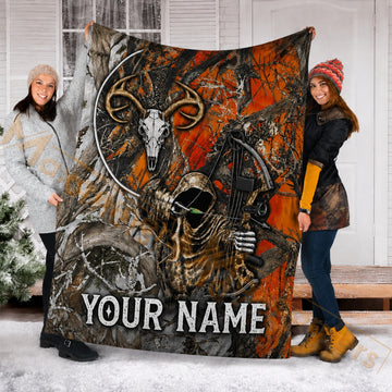 Maxcorners Hunting Orange Camo Grim Reaper Bowhunter Deer Skull Custom Name 3D Blanket