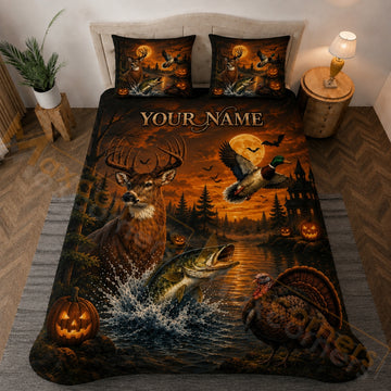 Maxcorners Hunting WildLife Halloween Full Moon Orange Sky Custom Name 3D Bedding Set