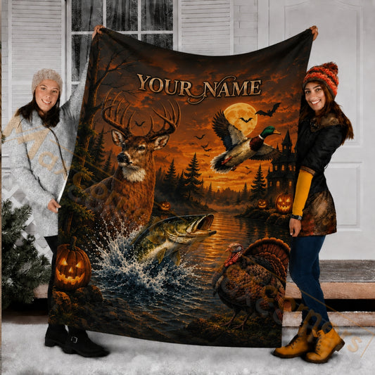 Maxcorners Hunting Halloween Wildlife Deer Bass Turkey Duck Full Moon Custom Name 3D Blanket