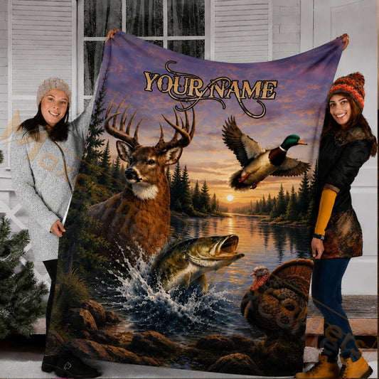 Maxcorners Hunting WildLife Lake Sunset Purple Sky Custom Name 3D Blanket
