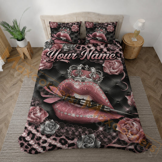 Maxcorners Pink Lips Crown Darts Floral Personalized Your Name Bedding Set 3D All Over Printed