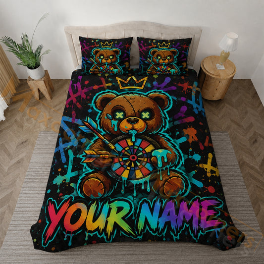 Maxcorners Darts Graffiti Teddy Bear Dartboard Personalized Your Name Bedding Set 3D All Over Printed