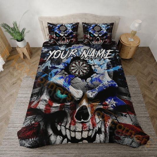 Maxcorners Darts Red Blue Black American Skull Bedding Set 3D All Over Printed