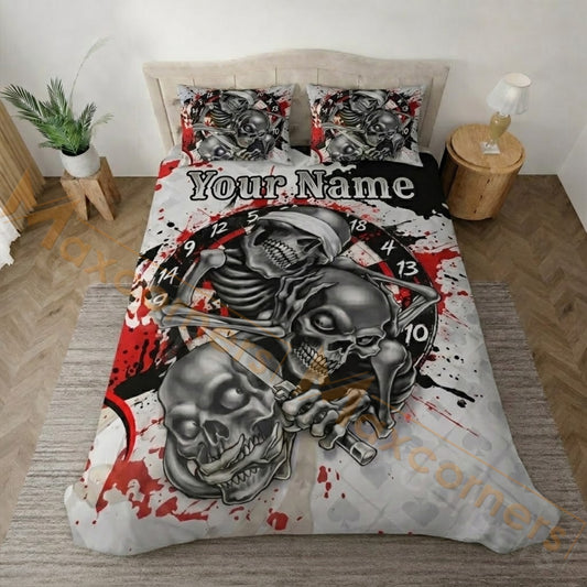 Maxcorners Darts Red Black Silver Skull Bedding Set 3D All Over Printed