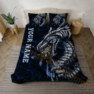 Maxcorners Darts Dark Blue Silver Dragon Bedding Set 3D All Over Printed