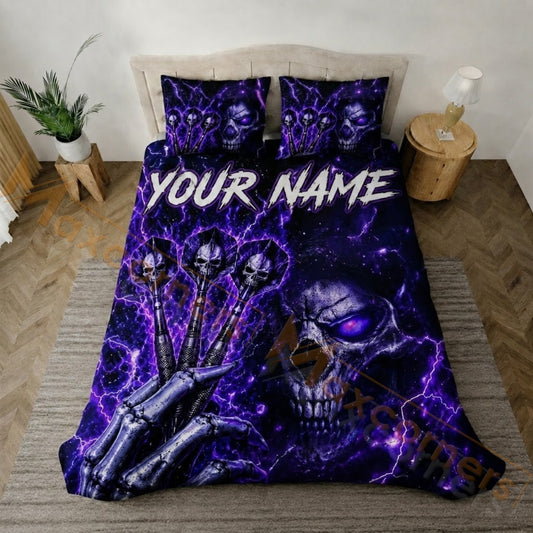 Maxcorners Darts Purple Lightning Skull Bedding Set 3D All Over Printed
