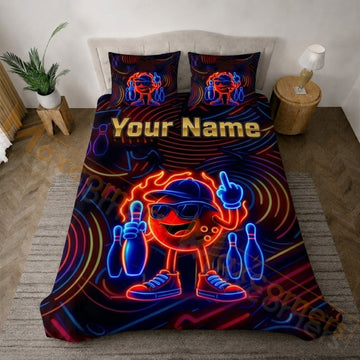 Maxcorners Neon Bowling Ball Character Personalized Name Unisex 3D Bedding Set