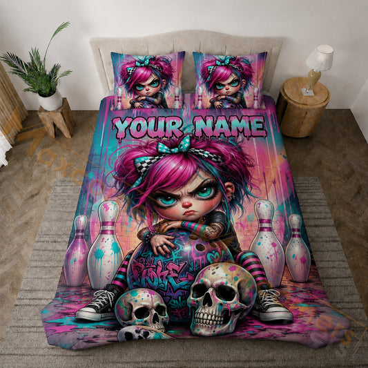 Maxcorners Gothic Girl Skull Bowling Graffiti Personalized Name Unisex 3D Bedding Set