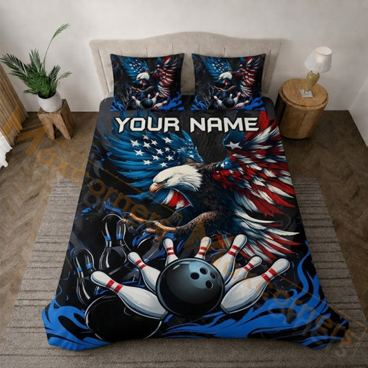 Maxcorners Patriotic Eagle Bowling Strike Personalized Name Unisex 3D Bedding Set