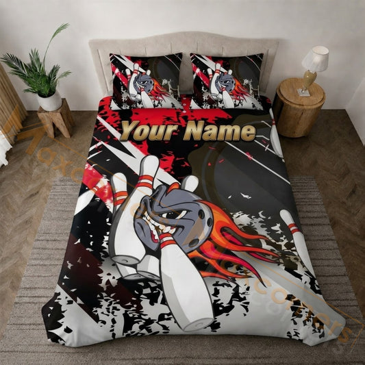Maxcorners Flaming Bowling Ball Strike Personalized Name Unisex 3D Bedding Set