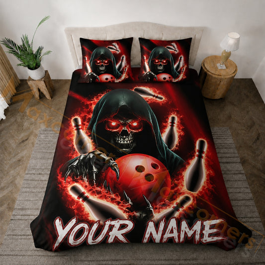 Maxcorners Skull Reaper Red Fire Bowling Personalized Name Unisex 3D Bedding Set