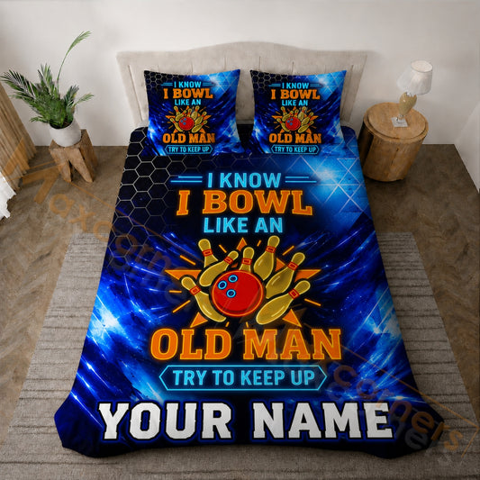 Maxcorners Bowling Old Man Blue Galaxy Personalized Name Unisex 3D Bedding Set