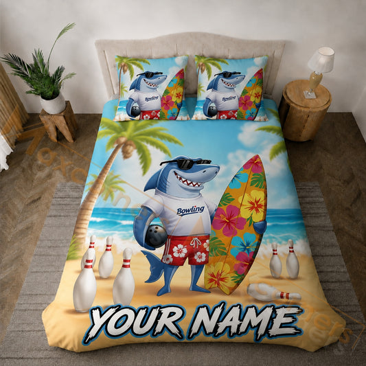 Maxcorners Bowling Shark Beach Summer Bedding Set 3D All Over Printed Custom Name