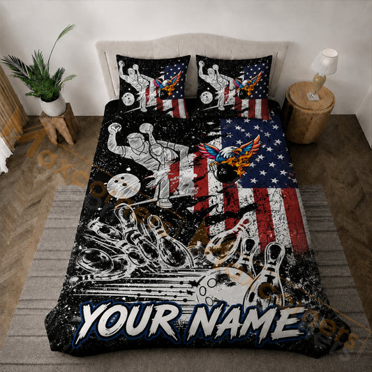 Maxcorners American Flag Bowling Strike Bedding Set 3D All Over Printed Custom Name
