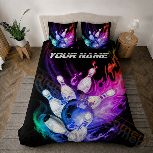 Maxcorners Bowling Colorful Flame Strike Bedding Set 3D All Over Printed Custom Name