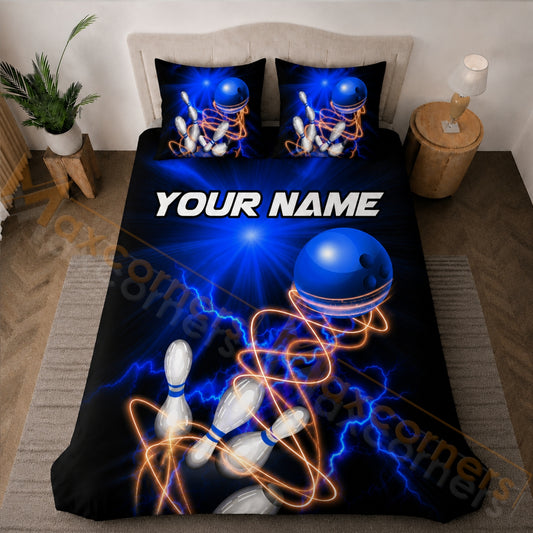 Maxcorners Bowling Electric Blue Strike Bedding Set 3D All Over Printed Custom Name