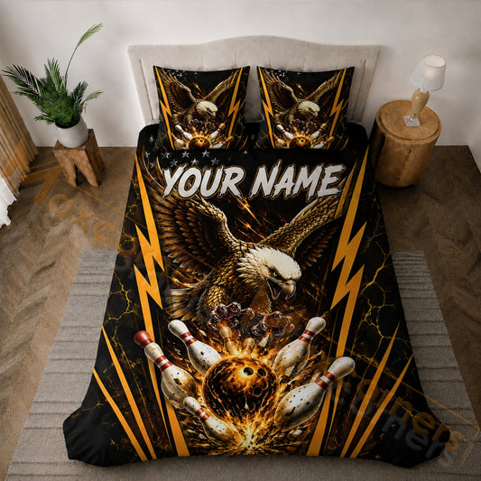 Maxcorners Bowling Black Gold Eagle Strike Bedding Set 3D All Over Printed
