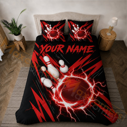 Maxcorners Bowling Red Black Lightning Strike Bedding Set 3D All Over Printed
