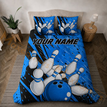 Maxcorners Bowling Blue Black Grunge Strike Bedding Set 3D All Over Printed