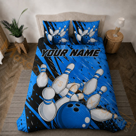 Maxcorners Bowling Blue Black Grunge Strike Bedding Set 3D All Over Printed