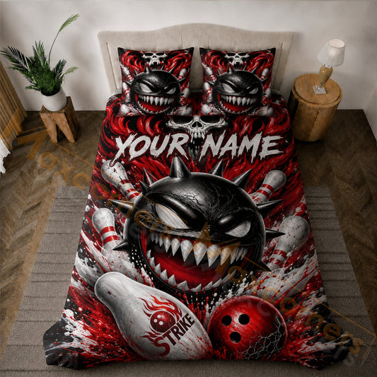 Maxcorners Bowling Red Black Skull Monster Strike Bedding Set 3D All Over Printed