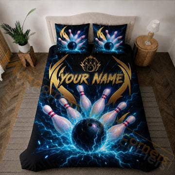 Maxcorners Bowling Black Blue Gold Lightning Strike Bedding Set 3D All Over Printed