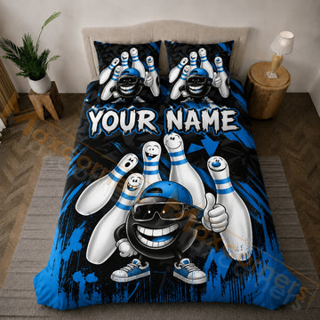 Maxcorners Bowling Blue Black Cartoon Strike Bedding Set 3D All Over Printed
