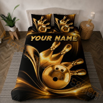Maxcorners Bowling Black Gold Strike Elegance Bedding Set 3D All Over Printed
